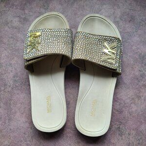 Michael Kors Monogram Embellished Slide Champaign Beige Size 6-10